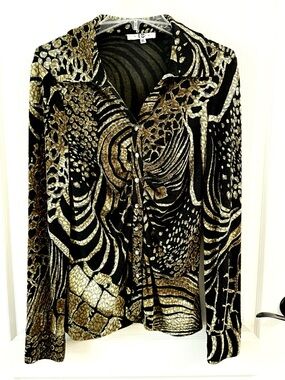 Paris IQ Elegant Patterned Button-Front Top - Black and Gold